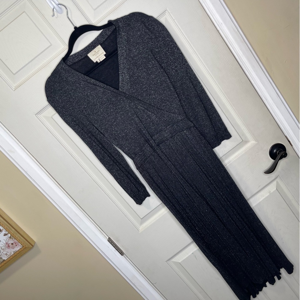 Kate Spade Black Silver Metallic Pleated Crepe Wrap Sweater Dress - Size Medium